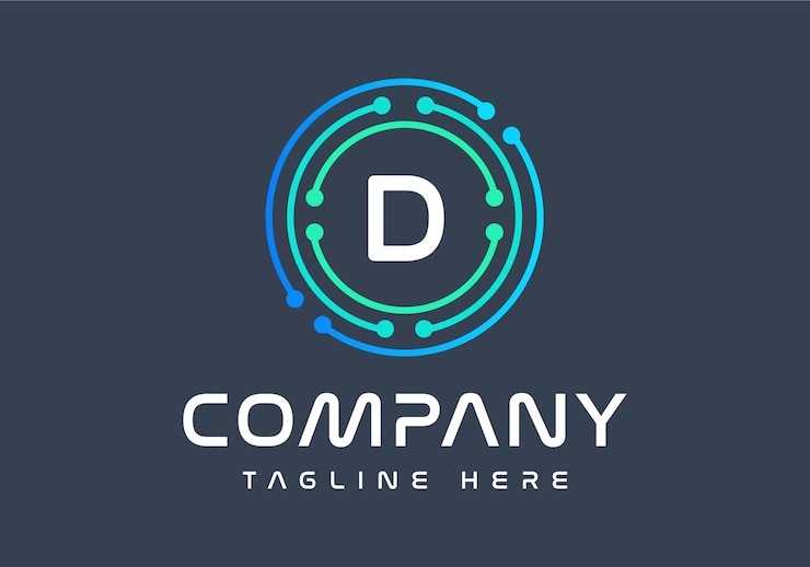 Vector logotipo de letra d colores verdes y azules, tecnología y vector de logotipo de conexión de punto abstracto digital