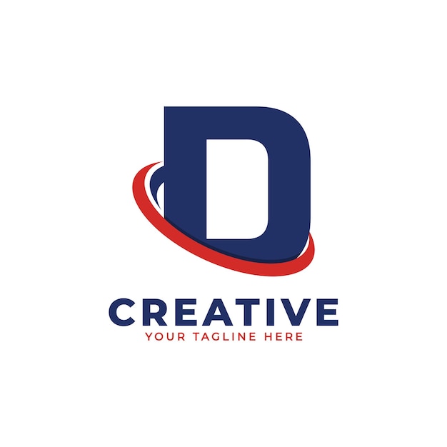 Vector logotipo de la letra d de la corporación con el icono de la órbita swoosh del círculo creativo en color azul y rojo