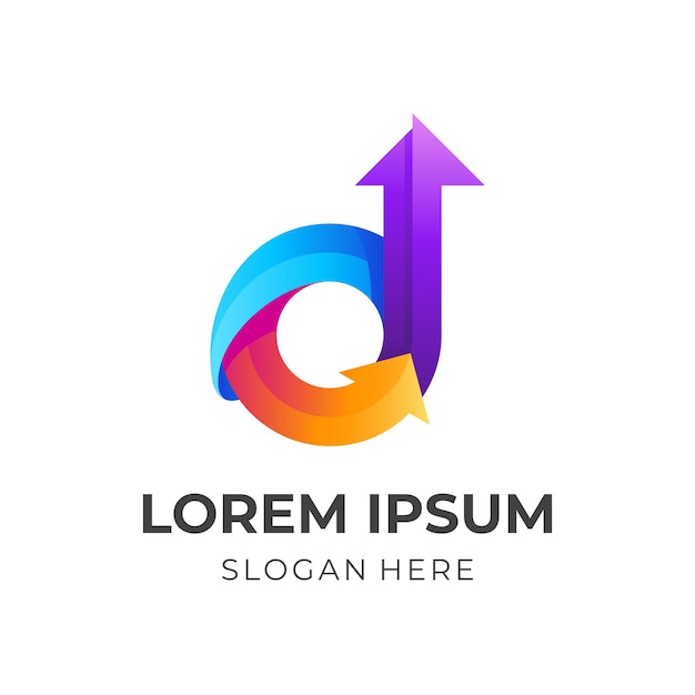 Logotipo de la letra D con diseño de flecha, logotipos de flechas circulares