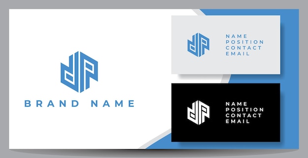 Logotipo de la letra DP en color azul aislado en fondo blanco presentado con una plantilla de tarjetas de visita