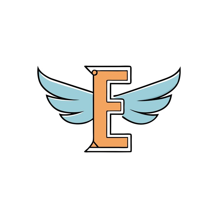 Vector logotipo de la letra e con alas en el fondo blanco