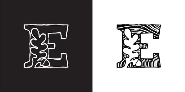 Logotipo de la letra E con hoja de roble y bellota sección transversal del árbol patrón de anillo de textura de madera natural sierra de tronco
