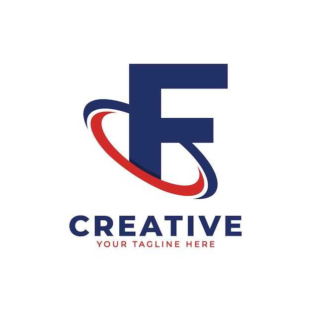 Logotipo de la letra F de la corporación con el vector del icono de la órbita Swoosh del círculo creativo en color azul y rojo