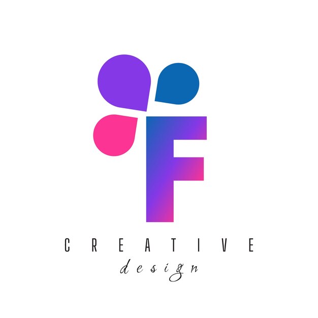 Logotipo de la letra F y los puntos de burbuja con ilustración vectorial de burbujas púrpuras rosas
