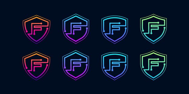 Logotipo de la letra F con puntos de línea y Cyber Shield Security Logo Digital Technology Business Company
