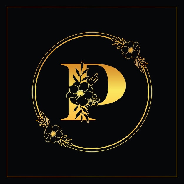 Vector logotipo de letra floral de lujo dorado p