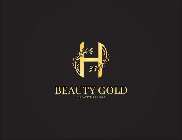 Logotipo de la letra H de oro de lujo con ilustración floral y de hojas