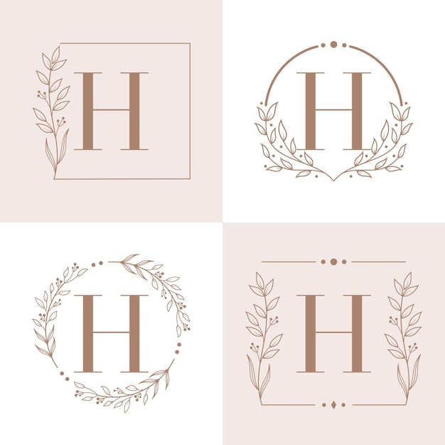 Vector logotipo de la letra h con plantilla de fondo de marco floral