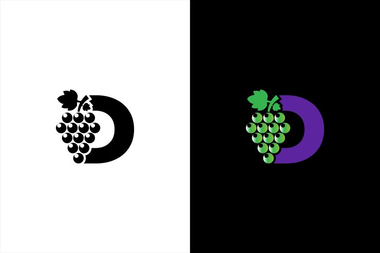 Vector logotipo de la letra inicial d letra d moderna y simple para el diseño del logotipo del símbolo de la uva con hojas verdes