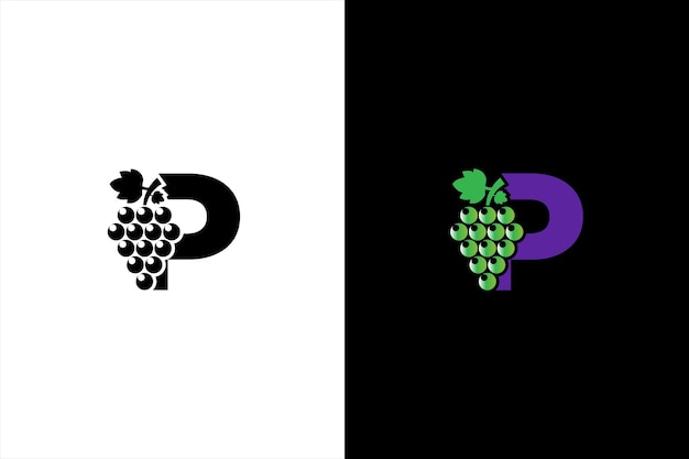 Logotipo de la letra inicial P Letra P moderna y simple para el diseño del logotipo del símbolo de la uva con hojas verdes