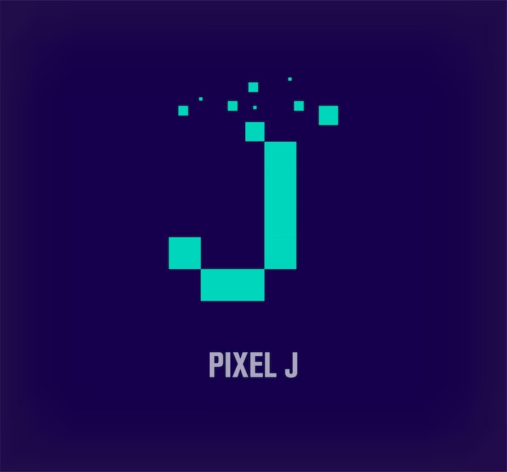 Vector logotipo de letra j de píxel creativo arte de píxel digital único y vector de plantilla de explosión de píxel