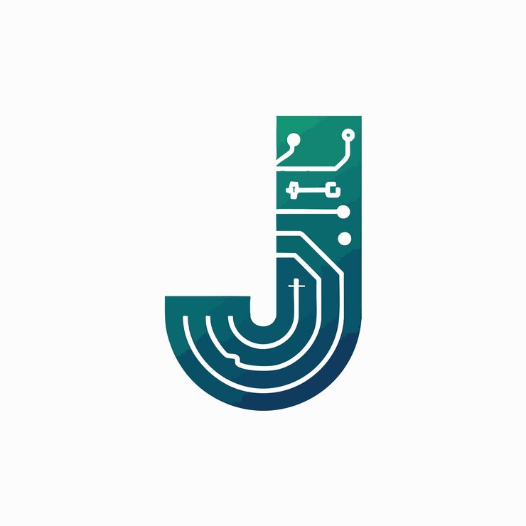 Vector logotipo de la letra j de la tecnología moderna con diseño de placa de circuito