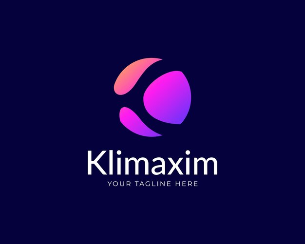 Logotipo de letra K futurista con círculo degradado azul púrpura y espacio negativo