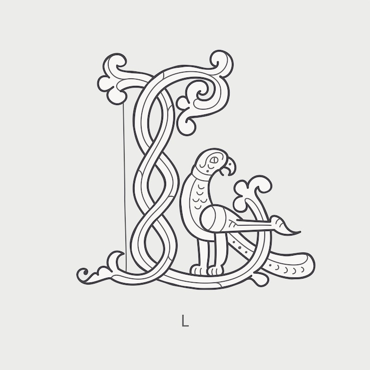 Vector logotipo de la letra l monograma de la gorra medieval iniciales hechas de espiral águila celta pájaro halcón
