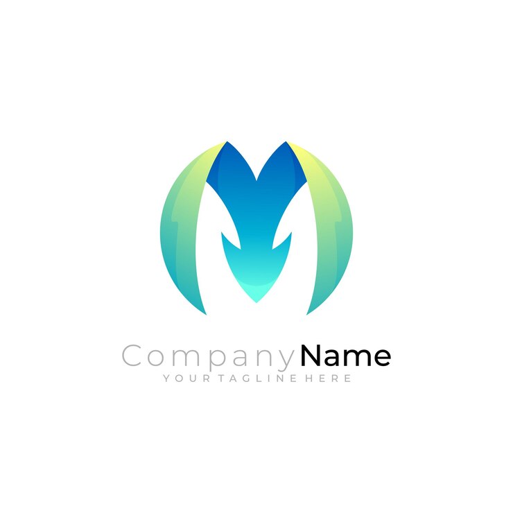 Vector logotipo de la letra m con combinación de diseño de flecha de color azul