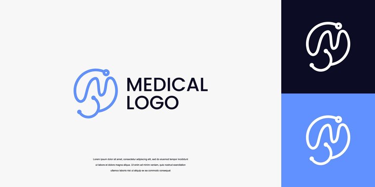 Vector logotipo de la letra m con icono de estetoscopio logotipo de atención médica