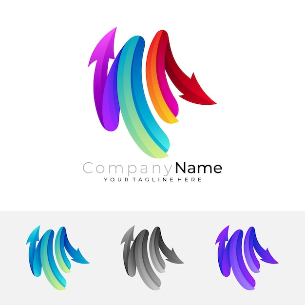 Logotipo de la letra M con ilustración de diseño colorido, logotipo M y flecha