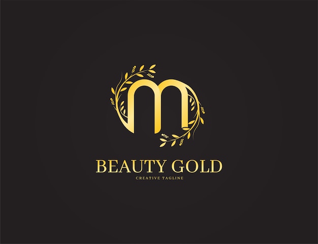 Logotipo de la letra m de oro de lujo elegante con ilustración floral o de hojas