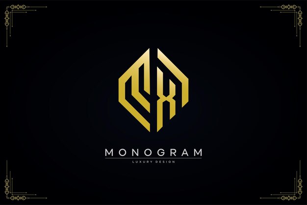 Logotipo de letra MX de lujo con plantilla de diseño de vector de forma hexagonal de arte de línea dorada