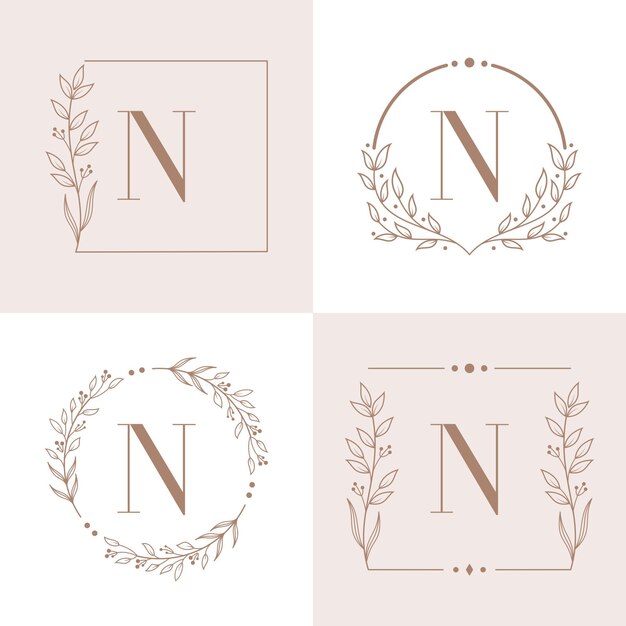 Logotipo de la letra N con plantilla de fondo de marco floral