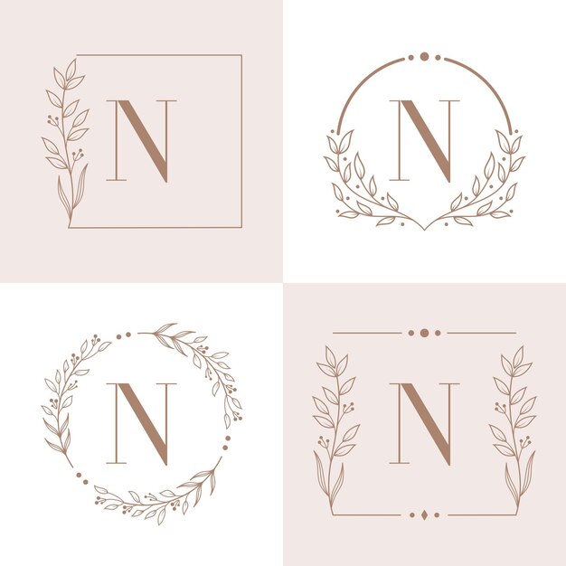 Vector logotipo de la letra n con plantilla de fondo de marco floral