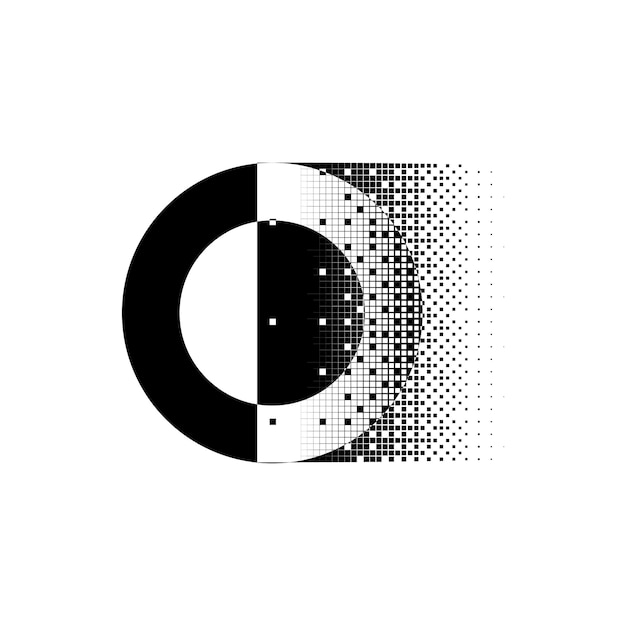Logotipo de letra O con icono de punto o círculo. Logotipo de Pixel D negro.