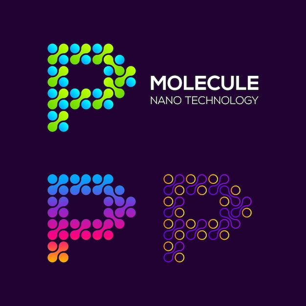 Vector logotipo de la letra o con puntos y molécula de concepto de curva e innovación para la empresa science laboratory