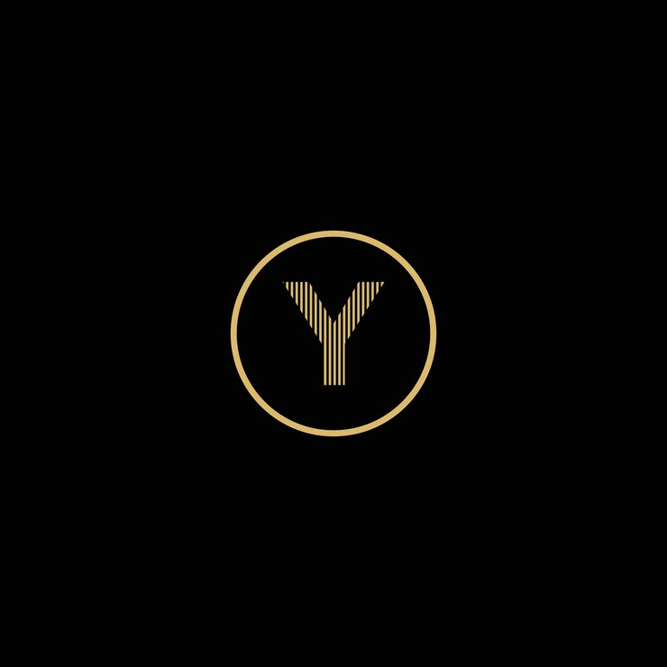 Logotipo de letra Y de oro simple con círculos y fondo negro