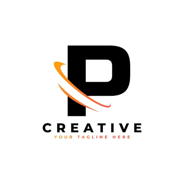 Logotipo de la letra P de la corporación con el vector de icono Swoosh curvo creativo en color negro y amarillo