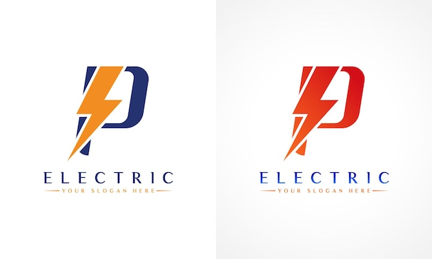 Logotipo de letra P con diseño de vector de perno de trueno relámpago Ilustración de vector de logotipo de letra P de perno eléctrico