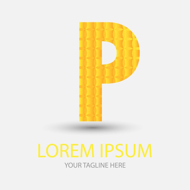 logotipo de letra p forma geométrica dorada y amarilla con logotipo de tecnología de puntos de píxeles cuadrados