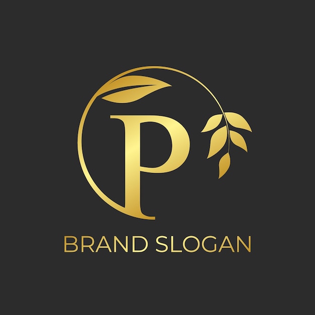 Vector logotipo de la letra p de lujo degradado dorado lema de la marca logotipo floral del marco de la hoja botánica