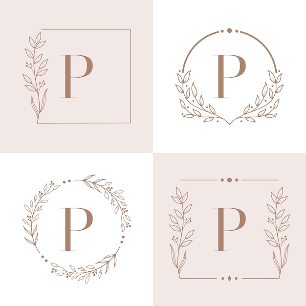 Logotipo de la letra P con plantilla de fondo de marco floral