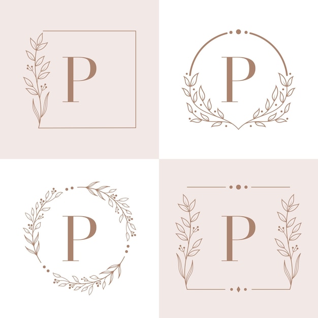 Vector logotipo de la letra p con plantilla de fondo de marco floral