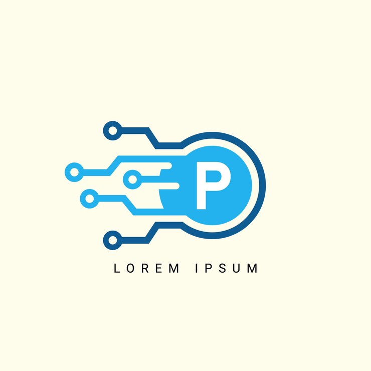 Vector logotipo de la letra p símbolo de forma de círculo color verde y azul tecnología conexión de puntos abstractos digitales
