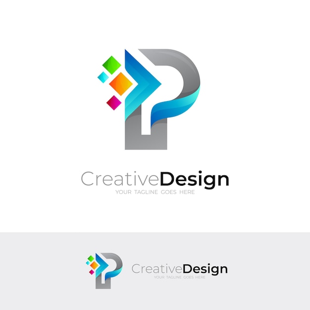 Logotipo de la letra P con tecnología de diseño de píxeles, logotipos coloridos de línea