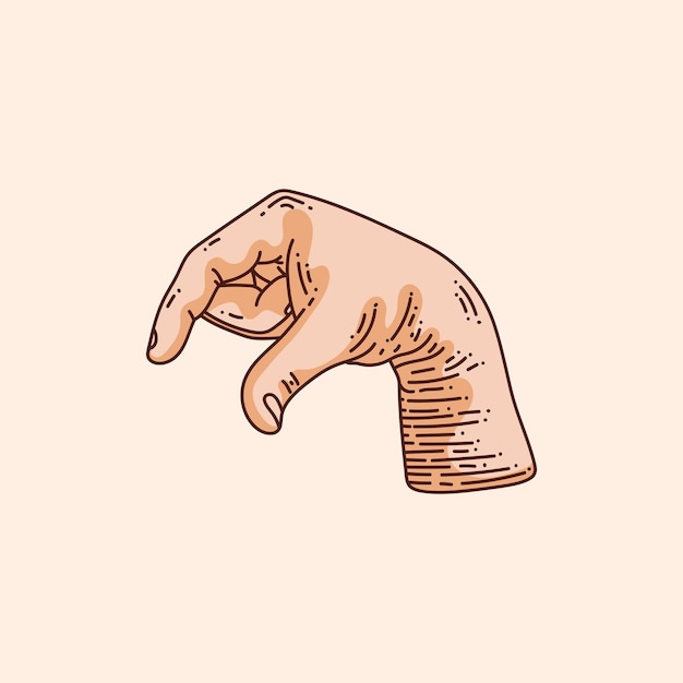 Logotipo de letra Q en un alfabeto de gesto de mano sordo Ilustración de vector dibujado a mano aislado en marrón