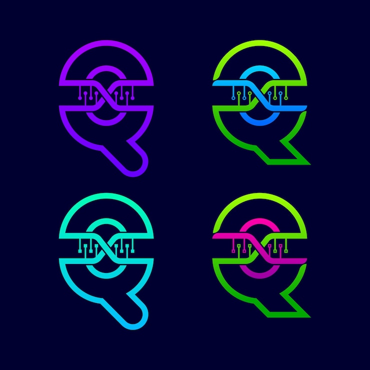 Vector logotipo de la letra q con estructura de adn genético y concepto de puntos de línea para science laboratory company