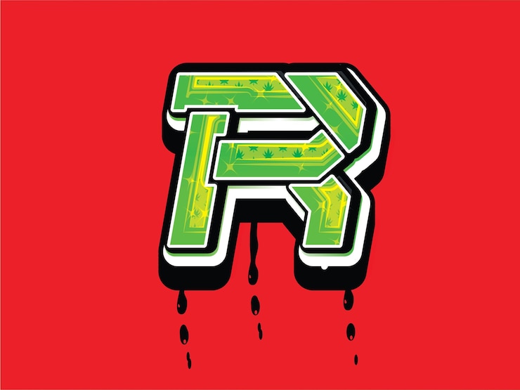 Vector logotipo de letra r cannabis con efecto de goteo