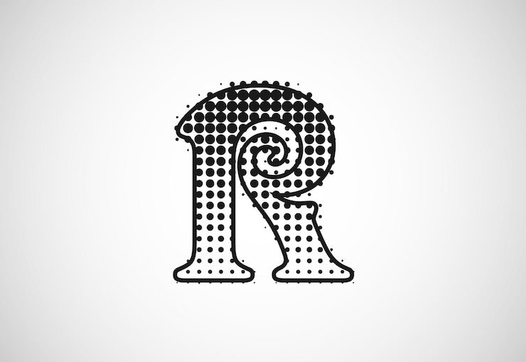 Vector logotipo de la letra r en estilo de puntos de medio tono diseño vectorial del logotipo de forma punteada