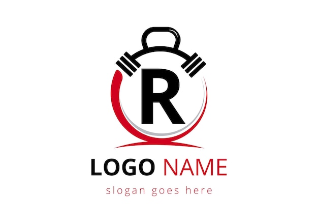 Logotipo de la letra R con logotipo de gimnasio de fitness con barra