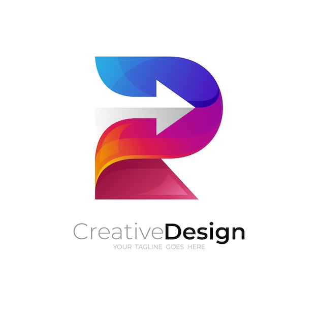 Logotipo de la letra R y tecnología de diseño de flechas, iconos de colores 3d