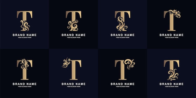 Logotipo de la letra T de colección con diseño de adorno de lujo