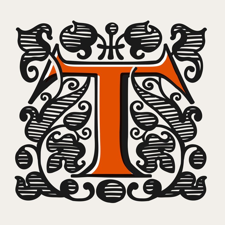 Vector logotipo de letra t en estilo gótico medieval icono de letra capitular de grabado