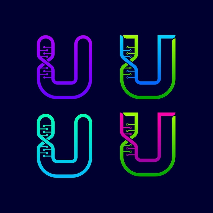 Vector logotipo de la letra u con estructura de adn genético y concepto de puntos de línea para science laboratory company