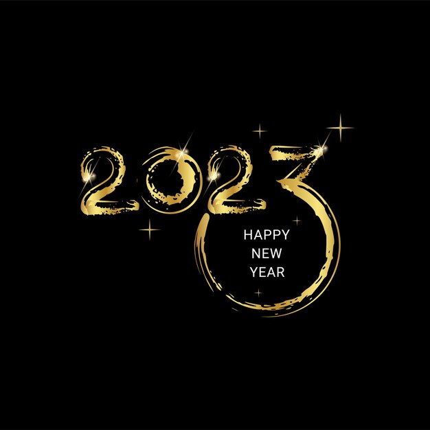 Logotipo de letras de feliz año nuevo 2023 con elementos de pincel grunge dorado