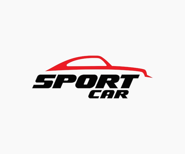 Logotipo con letras de SPORT CAR con silueta de coche de carreras abstracto diseño de logotipo, cartel, estandarte y pegatina