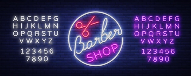 Logotipo letrero de neón peluquería y barbería Emblema etiqueta de estilo neón Cartel publicitario brillante cartel publicitario banner luminoso Ilustración vectorial Edición de texto letrero de neón Alfabeto de neón