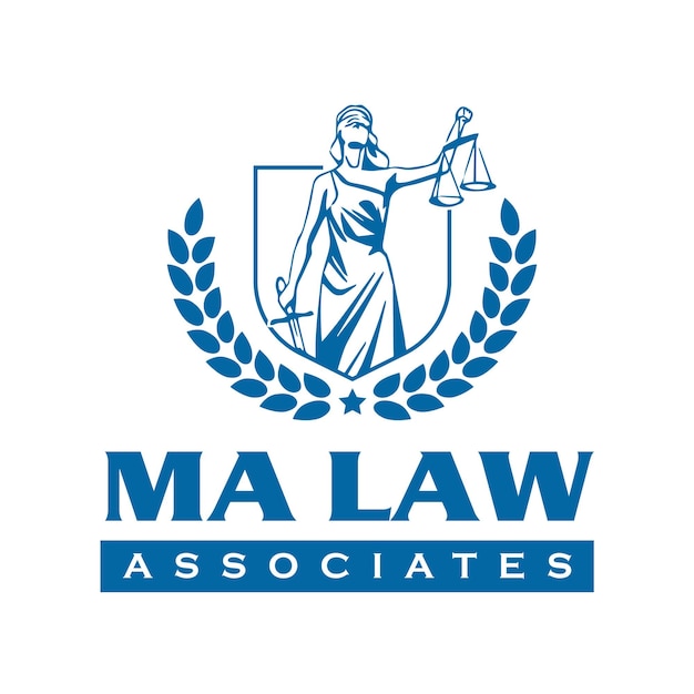 un logotipo de ley azul y blanco para despachos de abogados y jueces