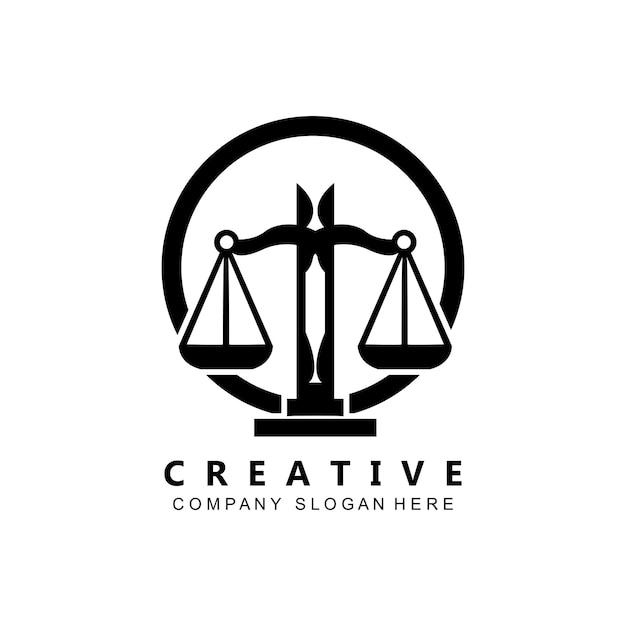 El logotipo de la ley escala el diseño del vector de justicia para las marcas de la casa de empeño Abogado de la ley Instituciones financieras